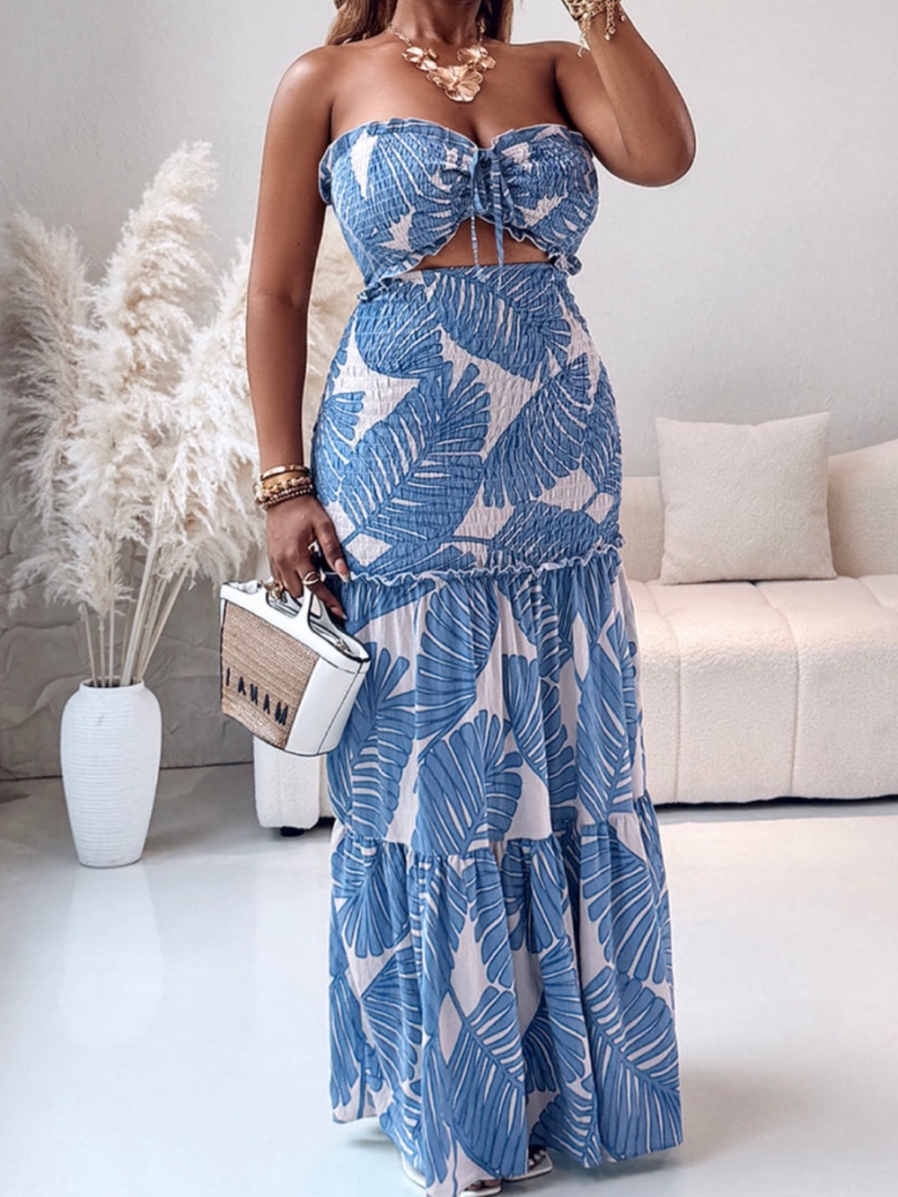 Blue Leaf-Print Strapless Cutout Maxi Dress
